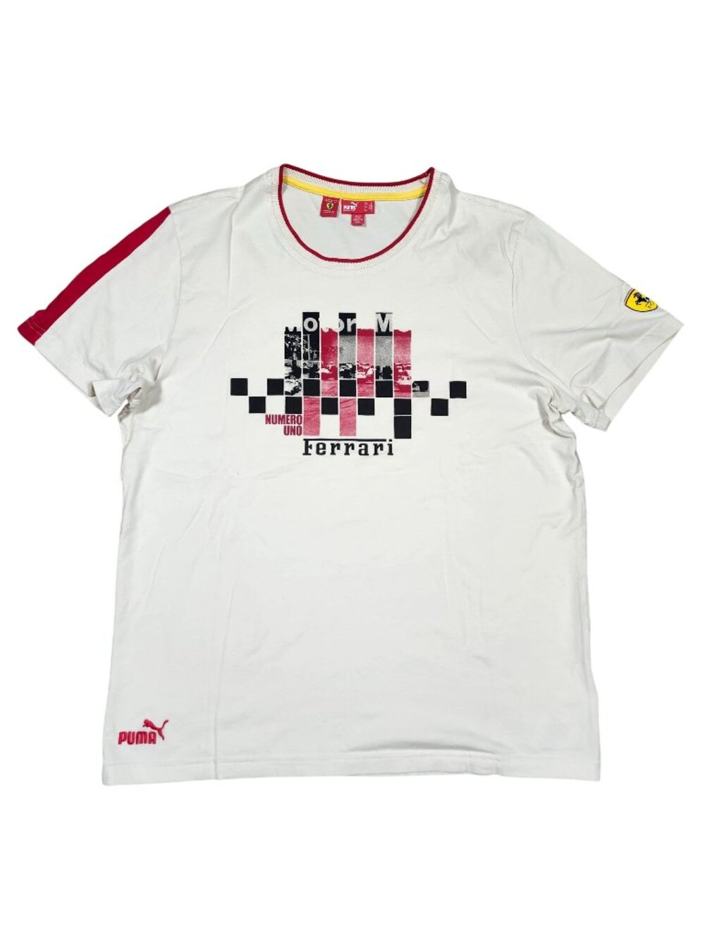 Puma Scuderia Ferrari Numero Uno Mens Lg T-Shirt Cream Checkered Racing Graphic